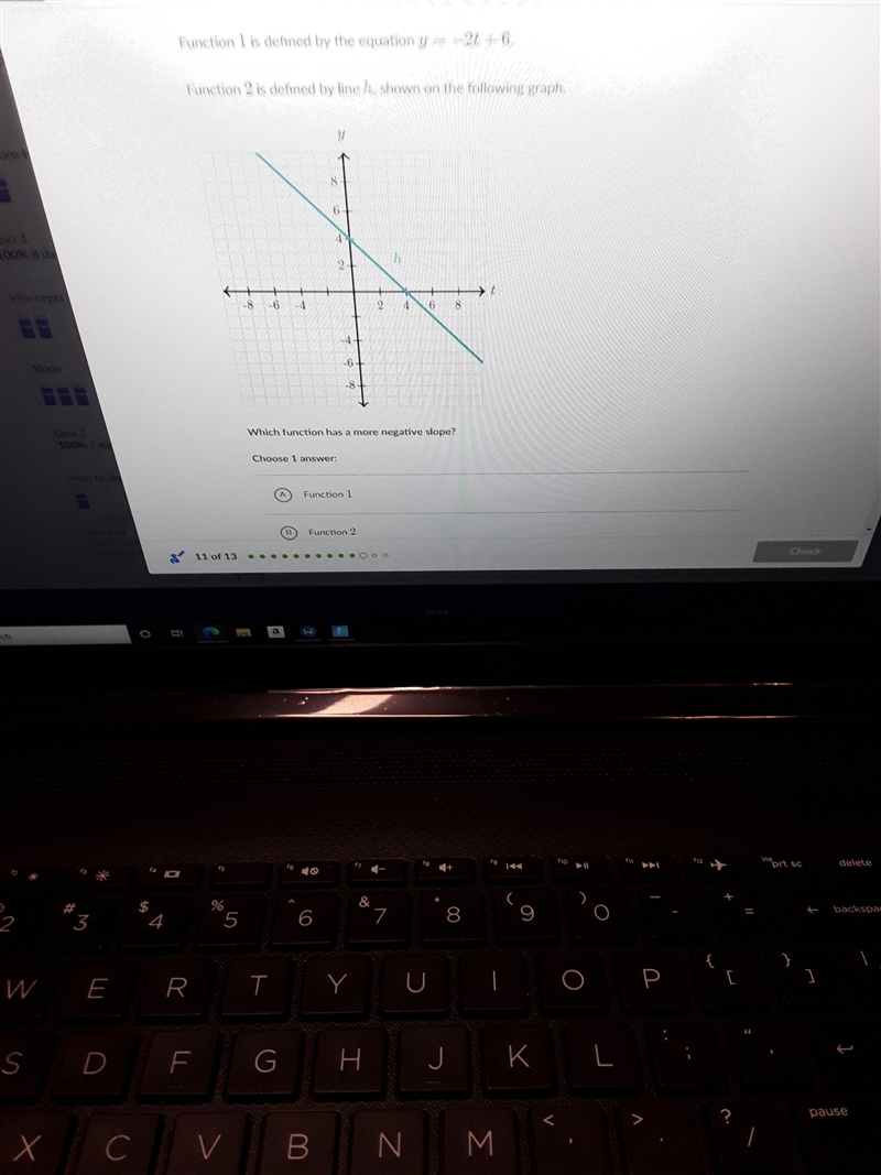 funtion 1 is defined by the equation y = -2t+6funtion 2 is defined by line h shown-example-1