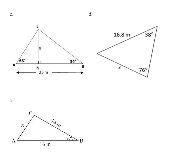 Solve for the side or angle indicated with variable x in each triangle.-example-1