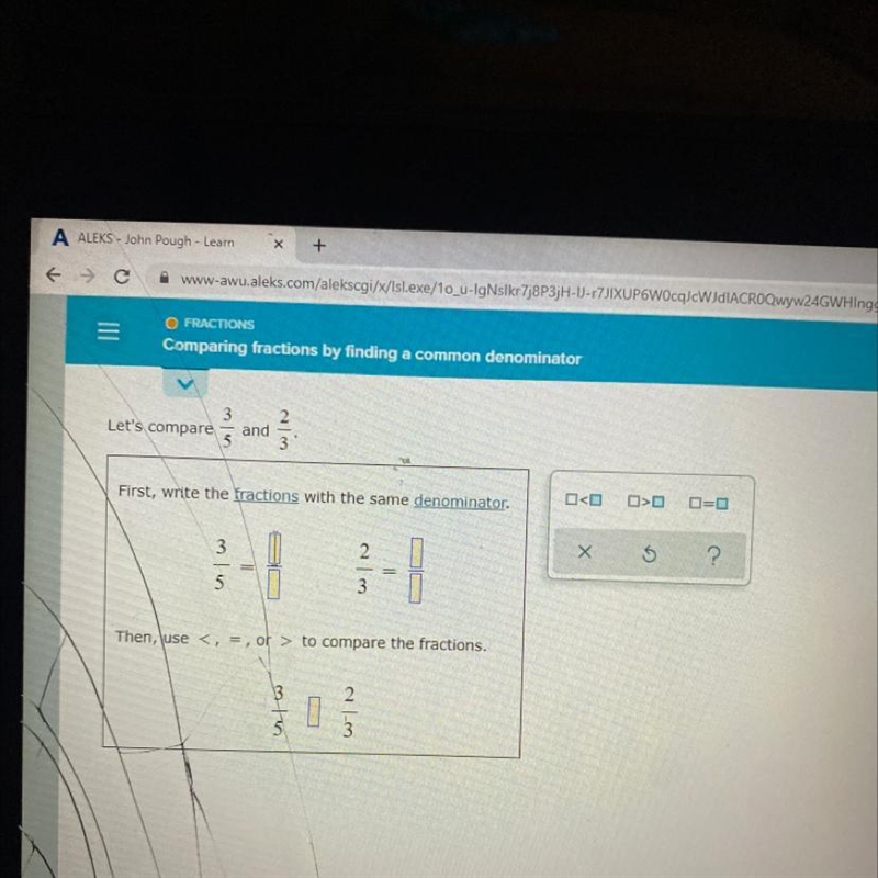 3Let's compare2and31almロロ>ロ=ロFirst, write the fractions with the same denominator-example-1