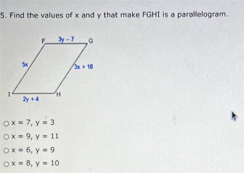 Find the values of x and y that make FGHI is a parallelogram-example-1