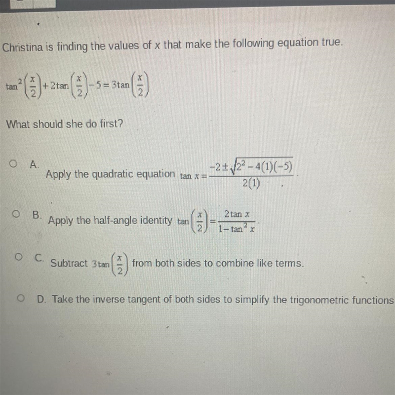 Christina is finding the values of x that make the following equation true.-example-1