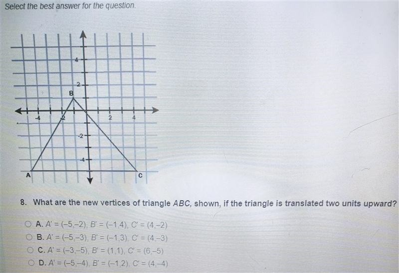 What are the new vertices of triangle ABC, shown, if the triangle is translated two-example-1