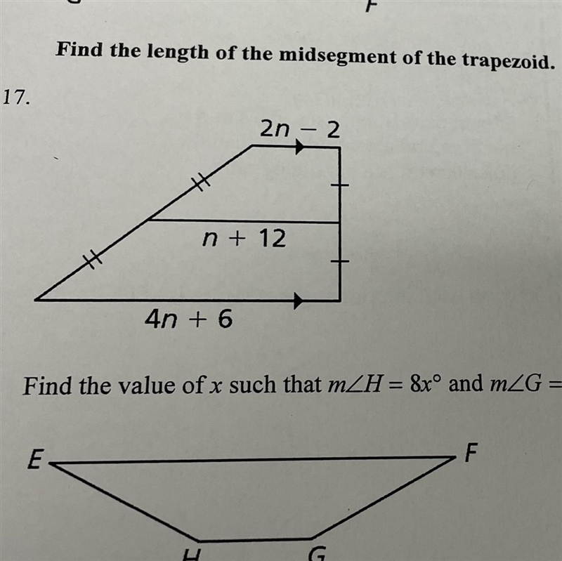 Question 17GeometryFind the length of the midsegment of the trapezoid-example-1