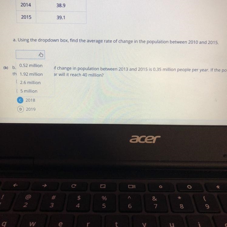 Find the average rate of change in the population between 2010 and 2015. 0.52 million-example-1