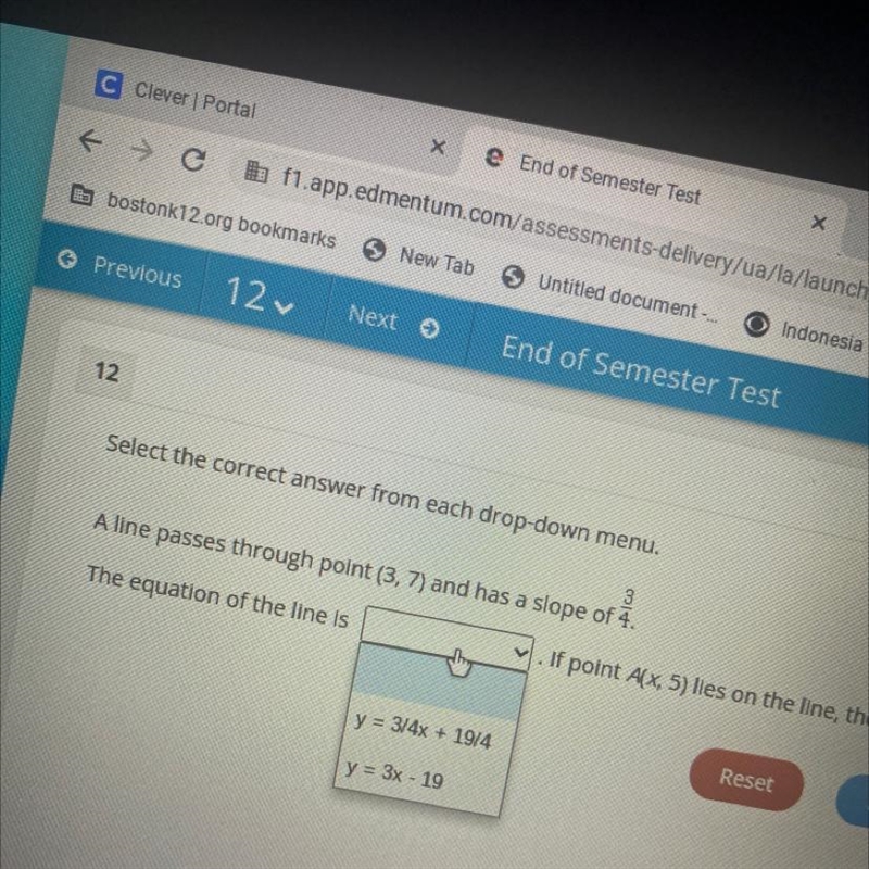 Select the correct answer from each drop-down menu.A line passes through point (3, 7) and-example-1