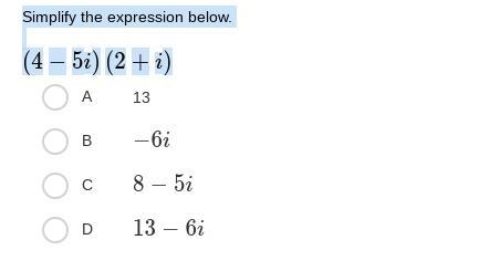 Simplify the expression below. (4−5i)(2+i)-example-1