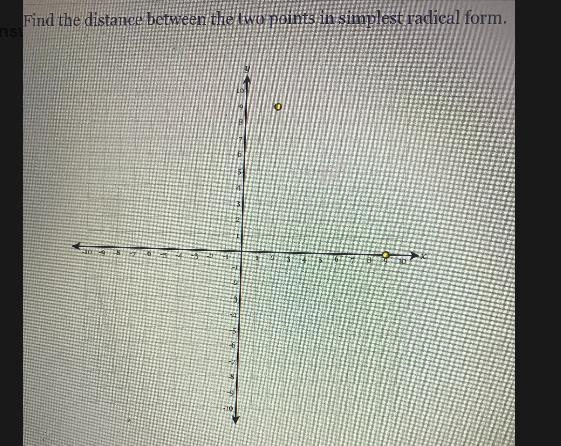 Find the distance between the two points in simplest radical form.y109O007654331-10-9-8-7 -6 -5-4-3 -2-1123567810-1-2-3 -4 -5-6-7-8-9-10-example-1