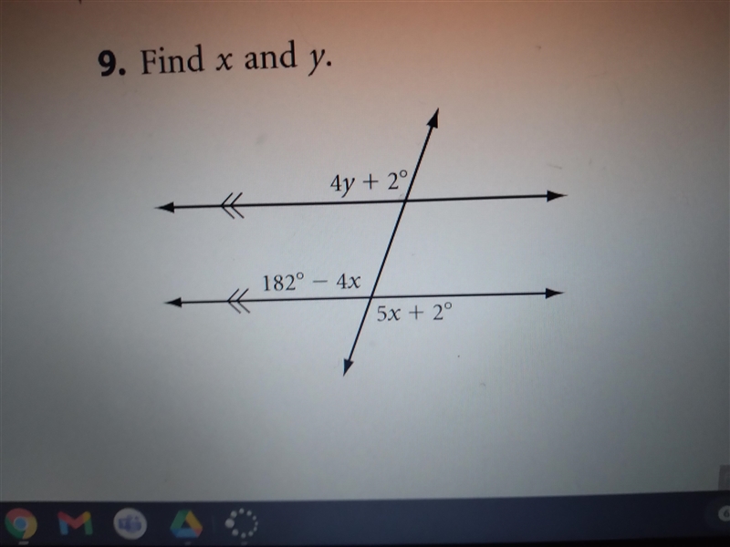 Hi! I am currently trying to find x and y. I have the equation 182°-4x+5x+2°+4y+2°=180-example-1