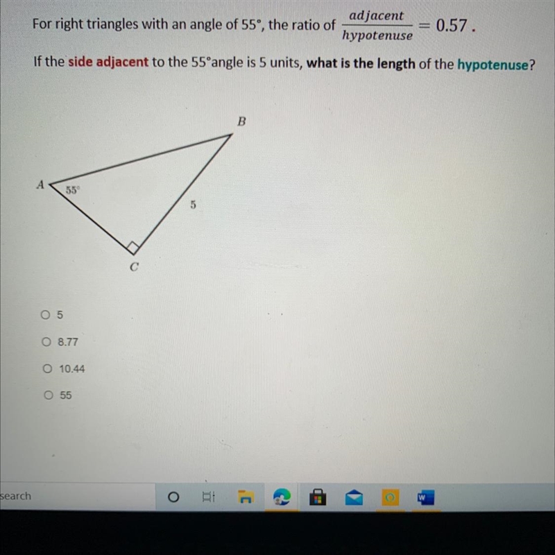 If the side adjacent The 55° angle is five units what is the length of the hypotenuse-example-1