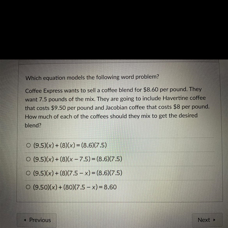 Which equation models the following word problem?Coffee Express wants to sell a coffee-example-1