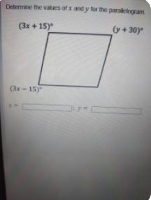 Determine the values of x and y for the parallelogram (3x+15)° (Y+30)° (3x-15)°-example-1