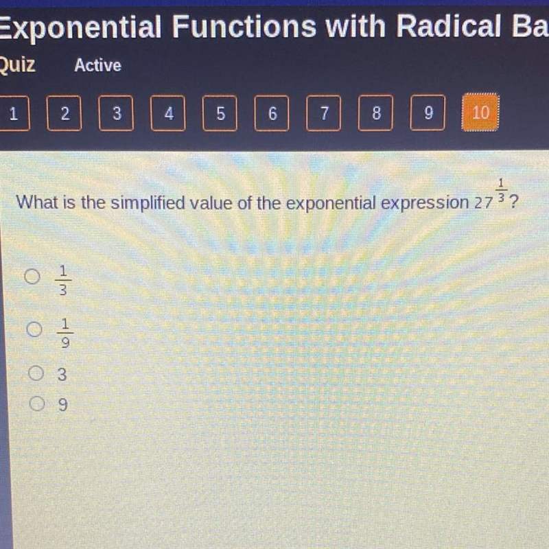 What is the simplified value of the exponential expression 27 1/3-example-1