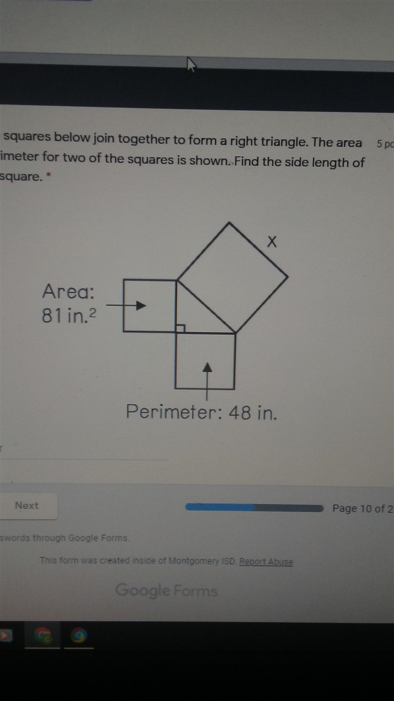 9. The three squares below join together to form a right triangle. The area and the-example-1