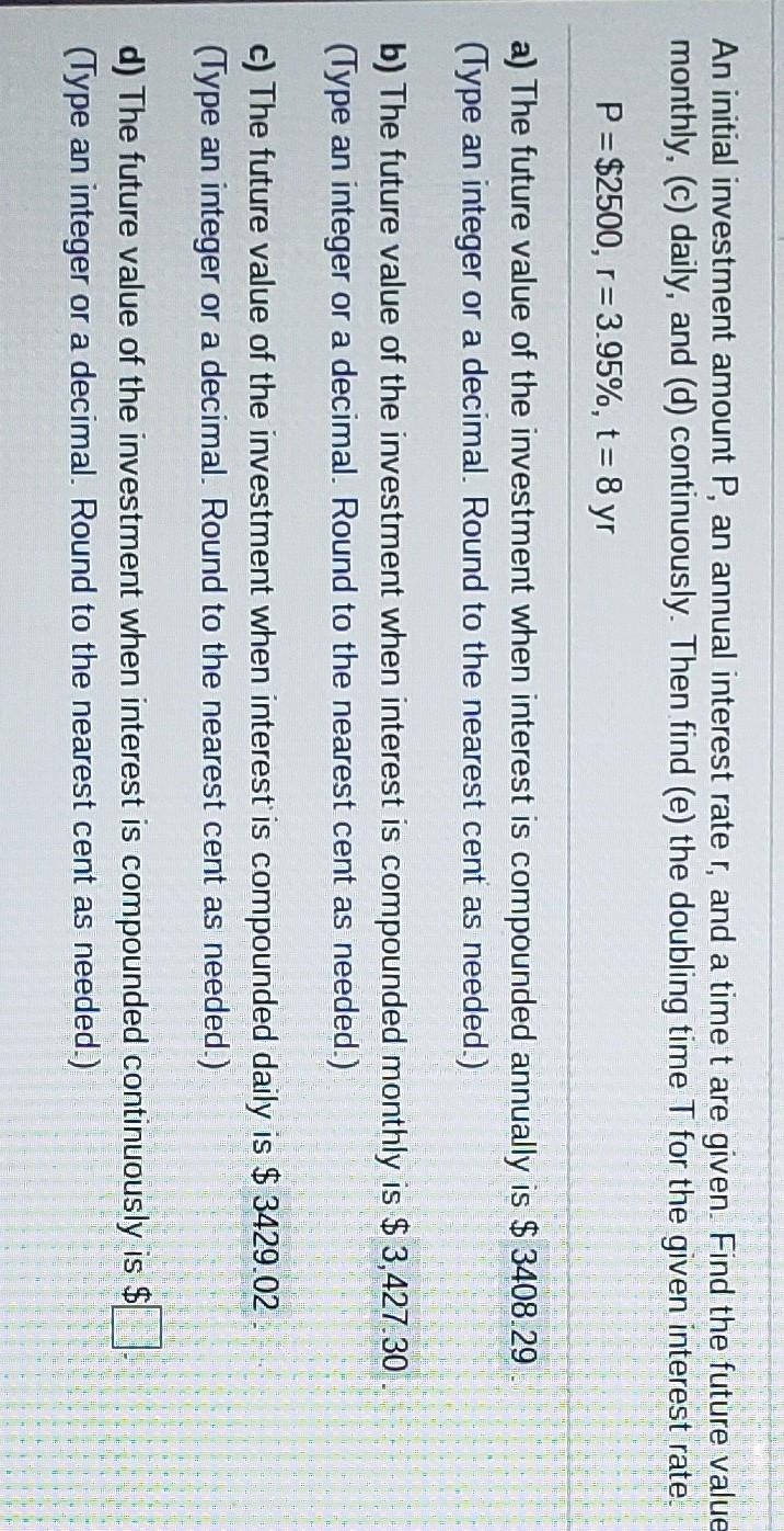 An initial investment amount P, an annual interest rate r, and a time t are given-example-1