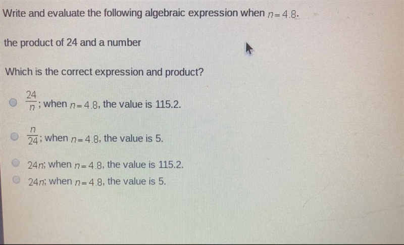 Write and evaluate the following algebraic expression when n=4.8 the product of 24 and-example-1