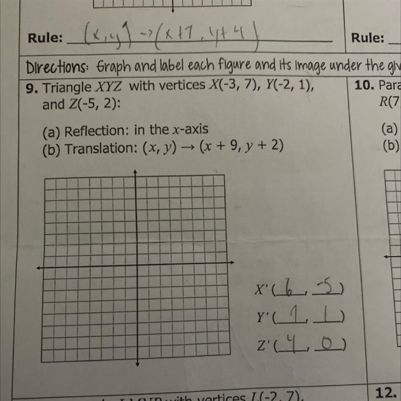 Please Graph the points in the graph..Which are; X’( 6, -5) Y’( 7, 1) Z’( 4,0)-example-1