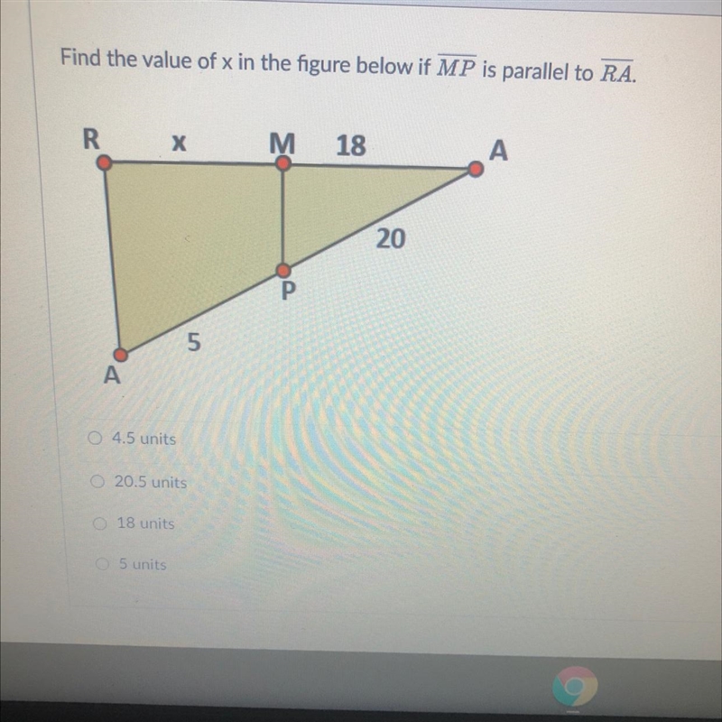 Find the value of x in the figure below if MP is parallel to RA.-example-1