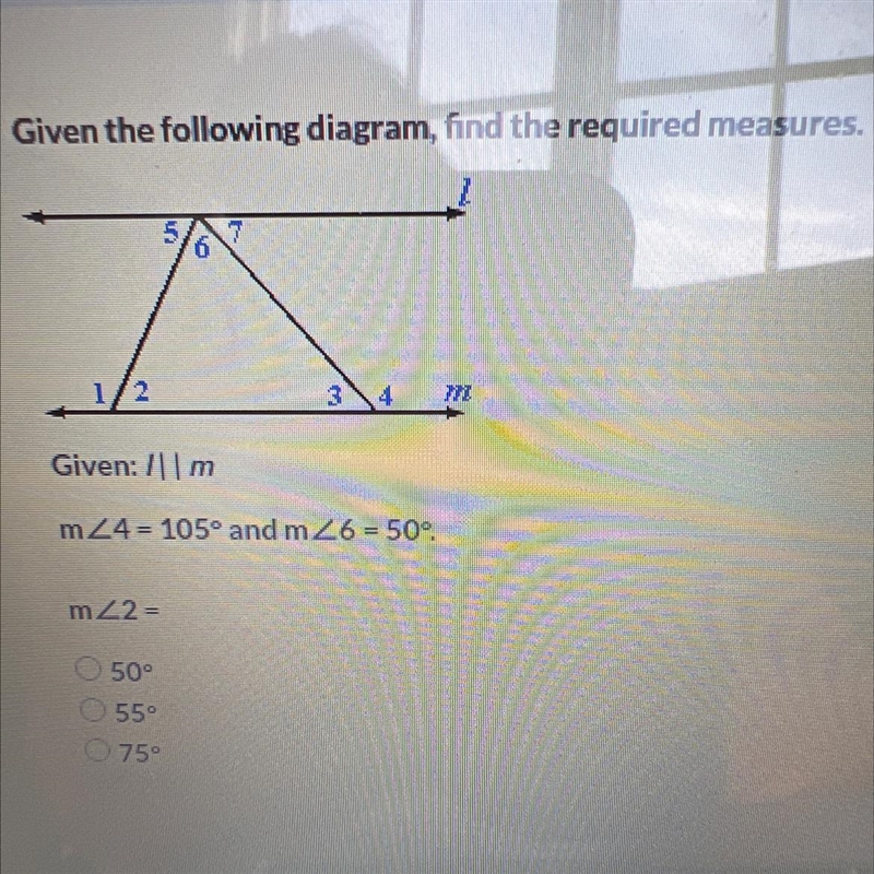 Given the following diagram, find the required measures.Given: /|| mm24 = 105° and-example-1