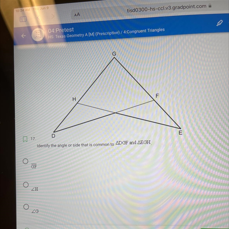 Identify the angle or side that is common to ADGF and AEGH?-example-1