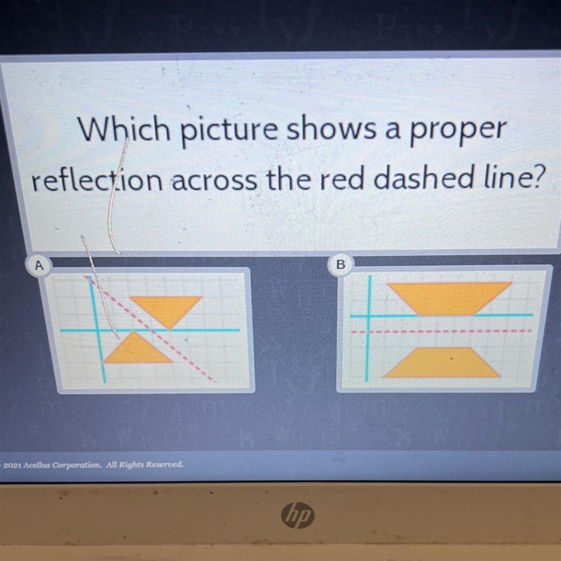 Which picture shows a properreflection across the red dashed line?АB-example-1