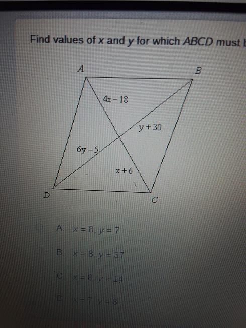 Find values in x and y for which ABCD must be a parallelogram-example-1