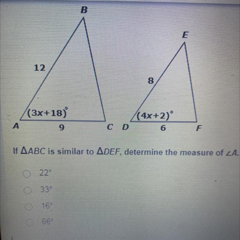 If |\ABC is similar to |\DEF, determine the measure of-example-1