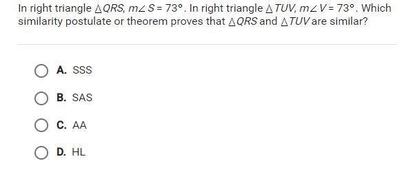 In right triangle QRS, m S=73. In right triangle TUV m V=73.-example-1