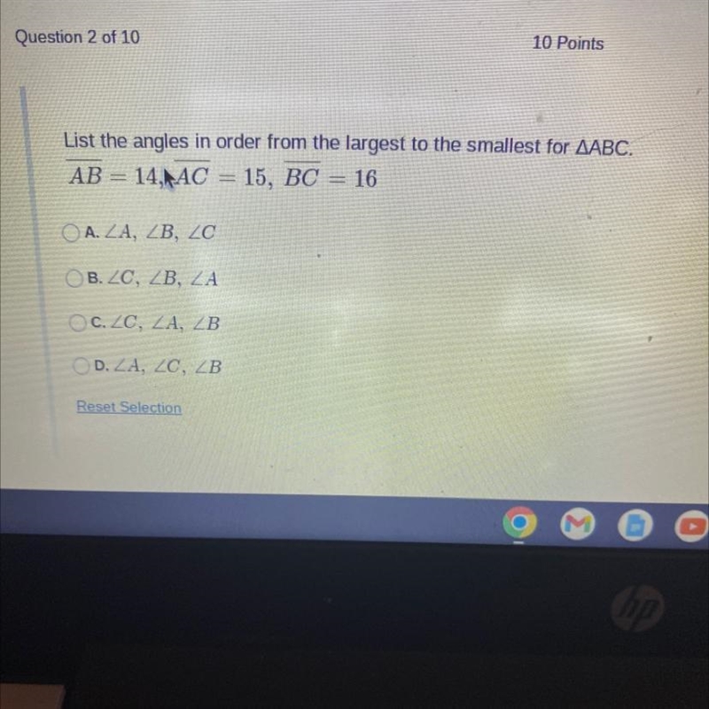 List the angles in order from the largest to the smallest for triangle ABC AB=14AC-example-1