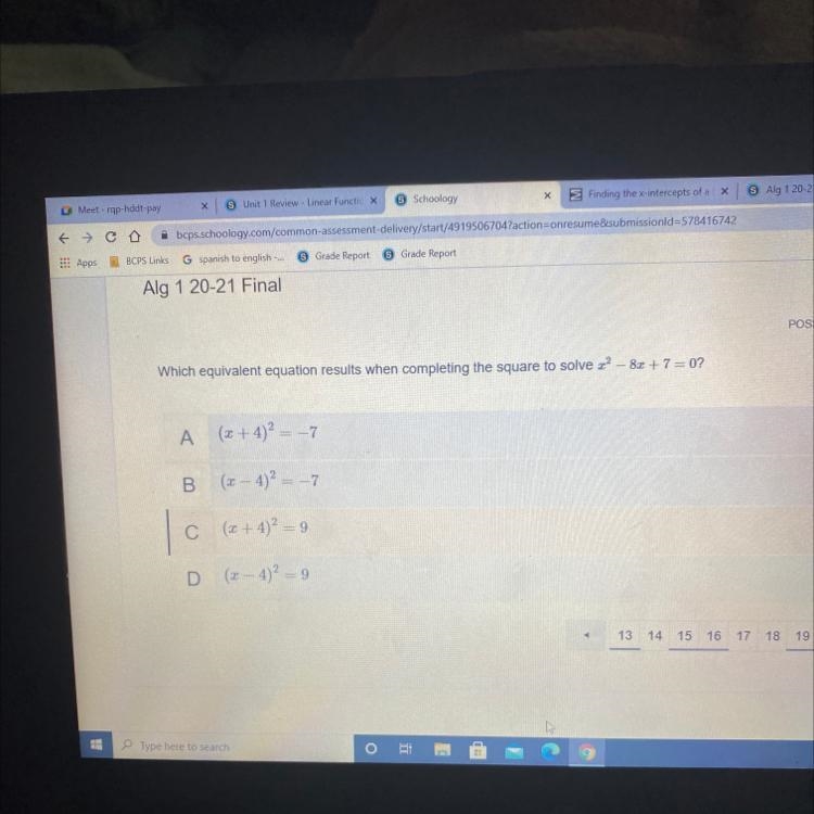 Which equivalent equation results when completing the square to solve x^2-8x+7=0?-example-1