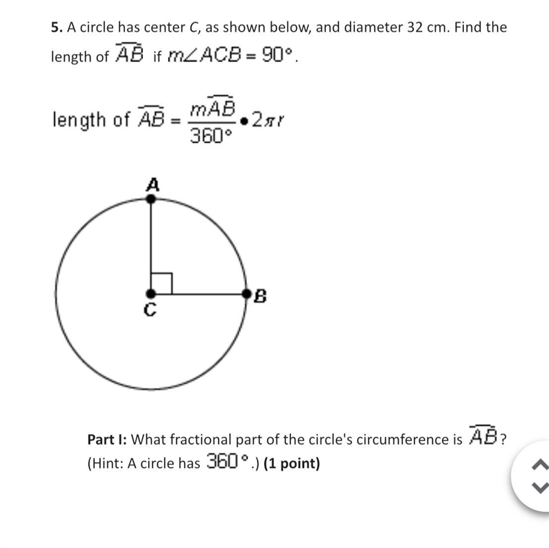 circle has center C, as shown below, and diameter 32 cm. Find the length of AB if-example-1