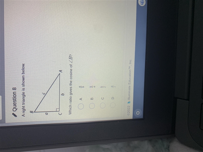 A right triangle is shown below which ratio gives the cosine of angle b?-example-1