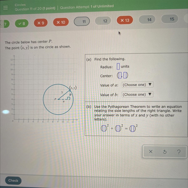 The circle below has center P.The point (x, y) is on the circle as shown.12-(a) Find-example-1