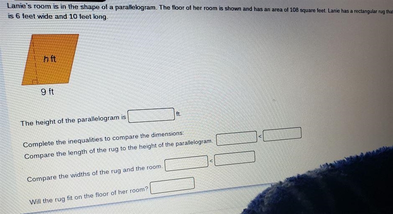 Lanie's room is in the shape of a parallelogram. The floor of her room is shown below-example-1