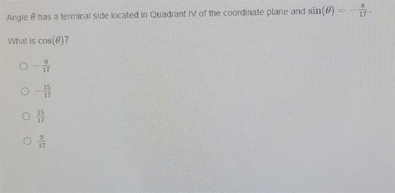 Angle Theta has a terminal side located in quadrant 4 of the coordinate plane and-example-1