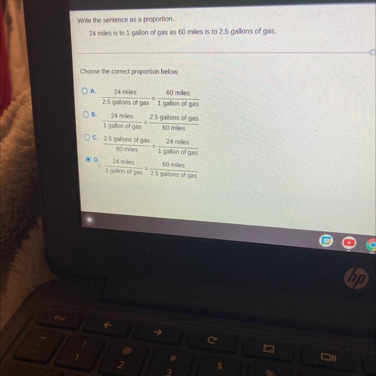 24 miles is to 1 gallon of gas as 60 miles is to 2.5 gallons of gas Choose the correct-example-1