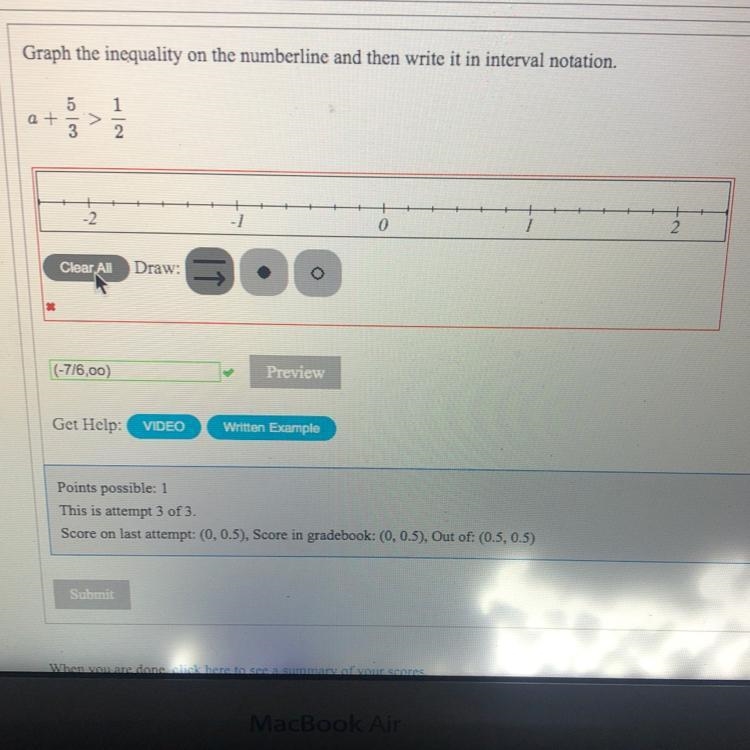 Graph the inequality on the numberlineA + 5/3 > 1/2-example-1