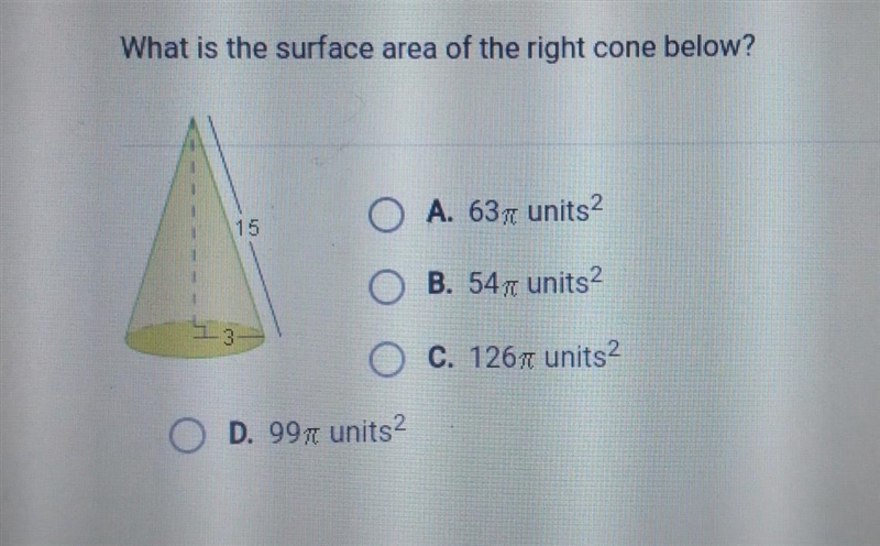 What is the surface area of the rightcone below ?-example-1