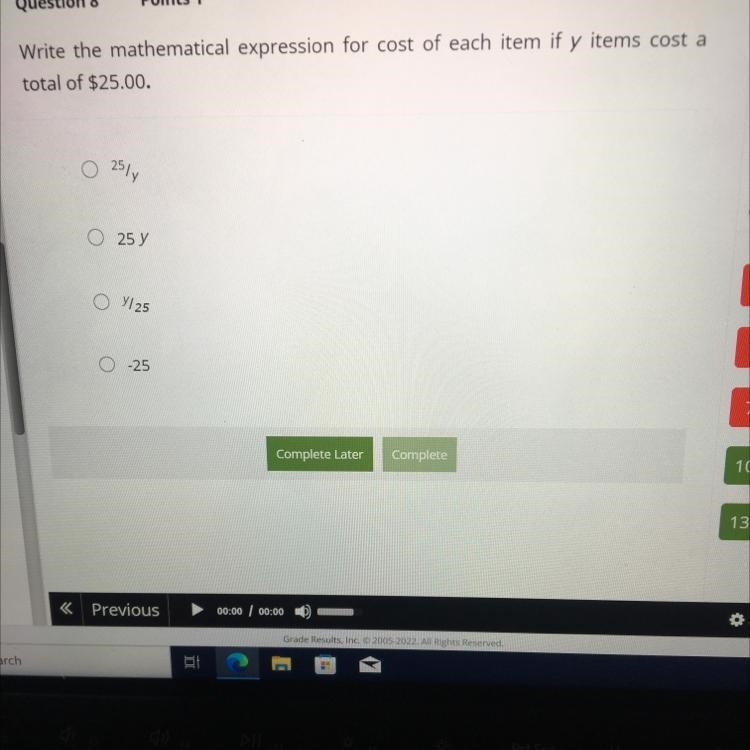 Write the mathematical expression for cost of each item if y items cost a total of-example-1