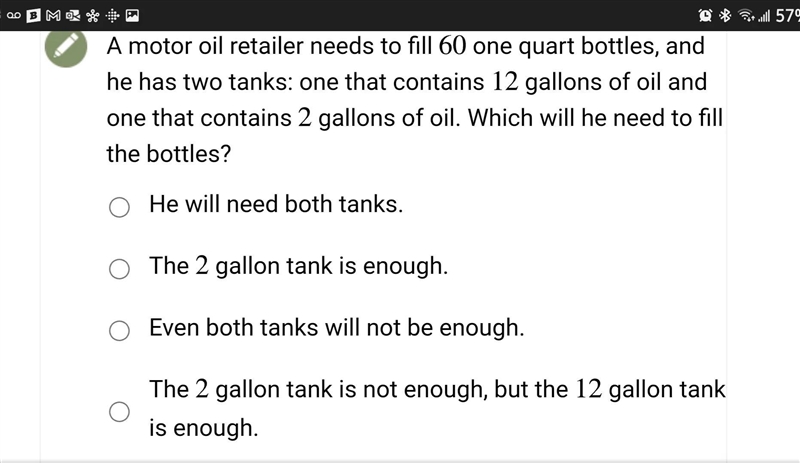 a motor oil retailer needs to fill 50 quart bottles and he has two tanks.one comtaims-example-1