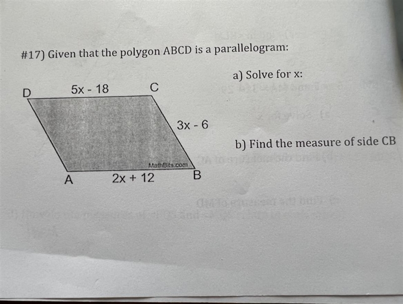 Solve for x and find the measure of side CB-example-1