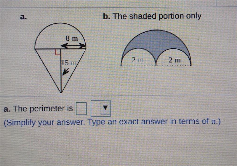 find the perimeter and area of the following figures (a) and (b). a. the perimeter-example-1