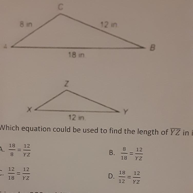 In the diagram below , Triangle ABC and triangle XYZ are similar. Which equation could-example-1