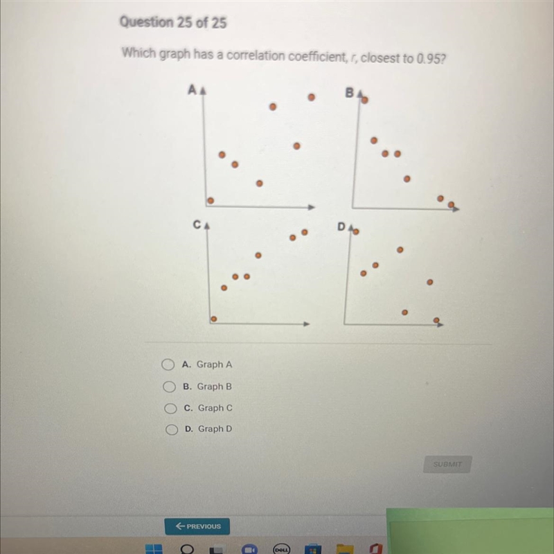 Which graph has a correlation coefficient, r, closest to 0.957ACAOA. Graph AB. Graph-example-1