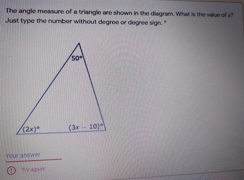 The angle measure of a triangle are shown in the diagram. What is the value of x? Just-example-1