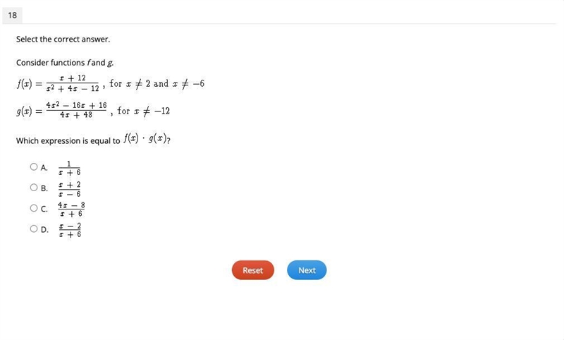 Select the correct answer. Consider functions f and g. (Refer to image) Which expression-example-1