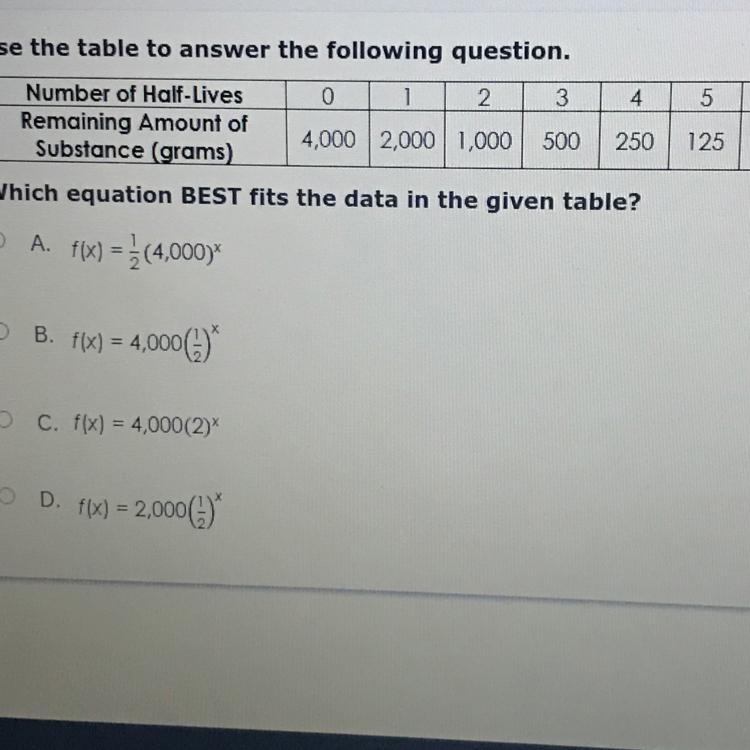 Use the table to answer the following question.5612562.5Number of Half-Lives 0 1 2 3 4Remaining-example-1