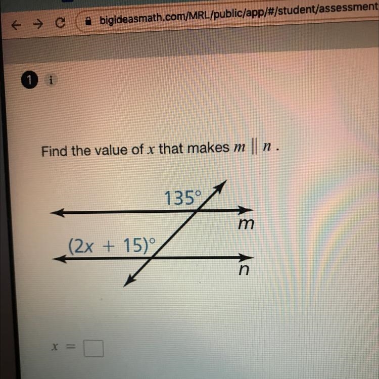 Find the value of x that makes mn.1350m(2x + 15)n-example-1