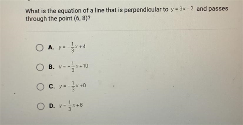 What is the equation of a line that is perpendicular to y - 3x-2 and passesthrough-example-1