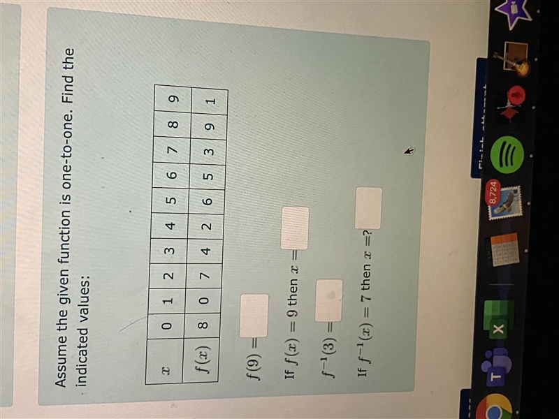 Assume the given function is one-to-one. Find the indicated values:x0123456789f(x-example-1