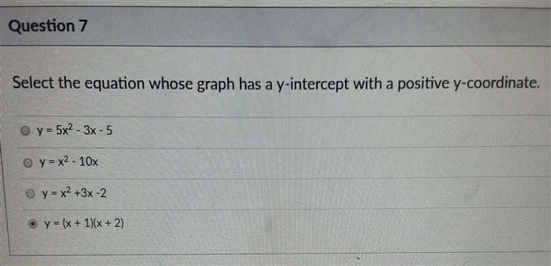 Select the equation whose graph has a y-intercept with a positive y-coordinate. o-example-1